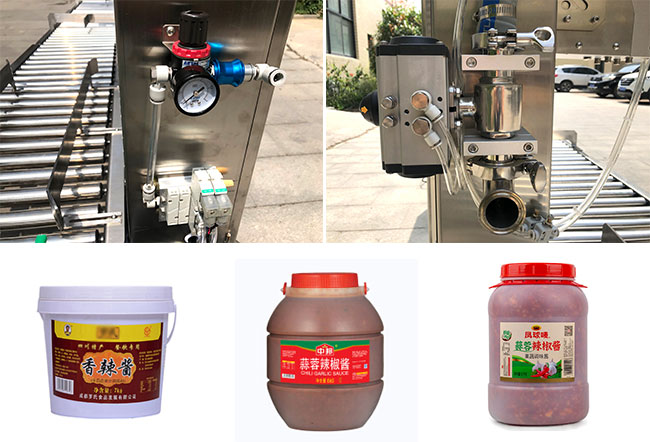 大桶辣椒醬灌裝機設(shè)備及樣品展示